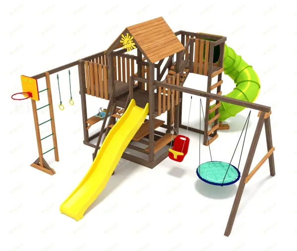 Панда Фани с балконом и трубой - детская деревянная площадка 3.25 x 4.66 x 6.59 м, возраст 3-14 лет