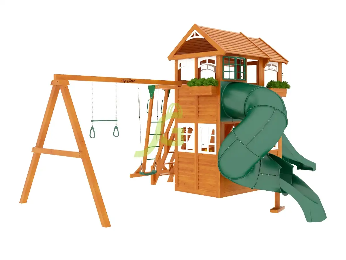 Клубный домик 2 с трубой и рукоходом Люкс - деревянная площадка, возраст 3-12 лет