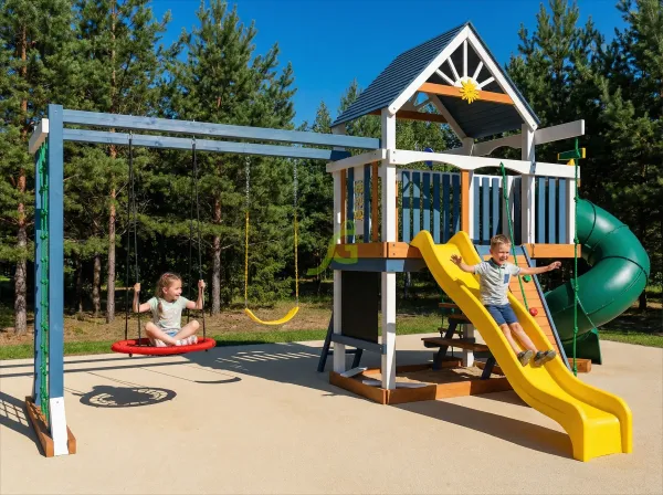 Шато с трубой (дерево) мод.2 - детская деревянная площадка 3.70 x 4.55 x 5.40 м, возраст 3-12 лет