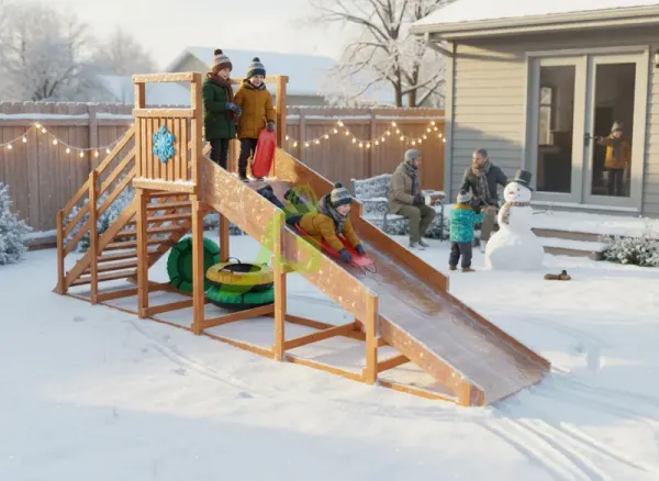 Зимняя горка 5.9 м - детская деревянная площадка 3.1 x 2.7 x 6.7 м, возраст 3-14 лет