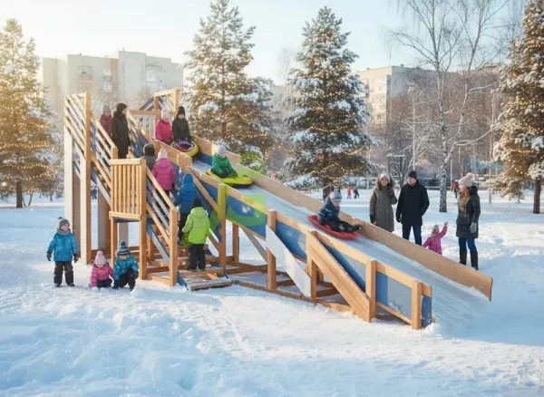 Зимняя горка 8+5 м мод.1 - детская деревянная площадка 3.62 x 3.62 x 10.3 м, возраст 5-14 лет